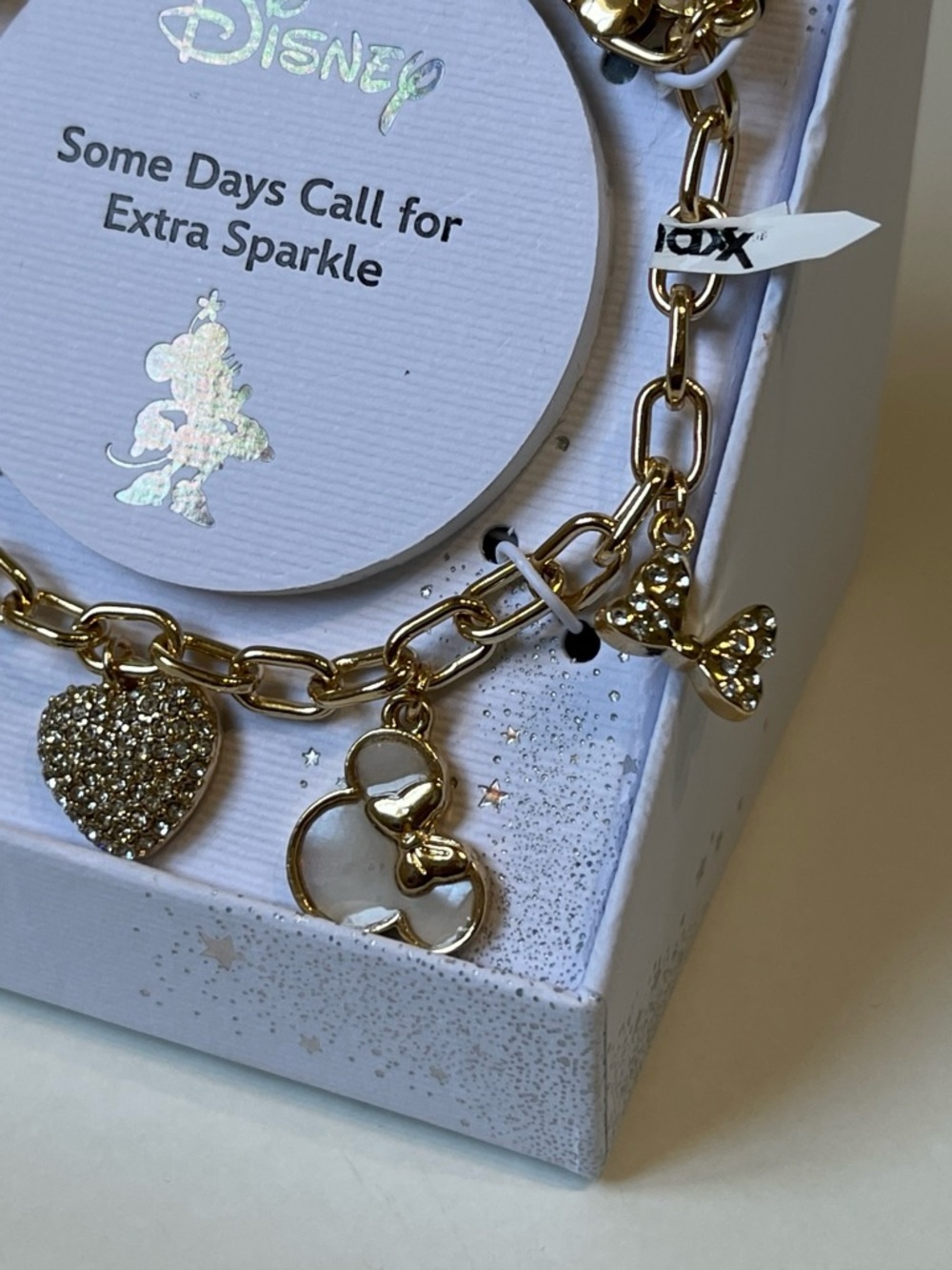Disney Gold-tone Minnie Mouse Charm Bracelet with Sparkling Heart and Bow Charms